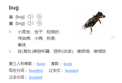 bug的单数:bugs;复数:bugs; 现在分词:bugging; 过去式:bugged; 过去