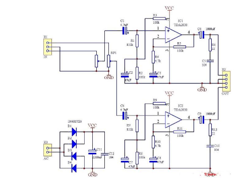 tda2030應(yīng)用電路六：立體聲應(yīng)用電路.png