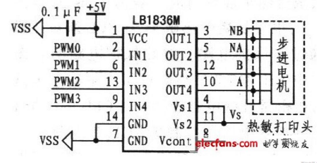 步进电机驱动电路图四：LB1836M构成步进电机驱动电路