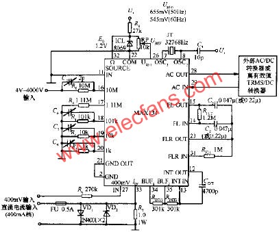 MAX134构成的数字多用表基本电路  www。elecfans。com