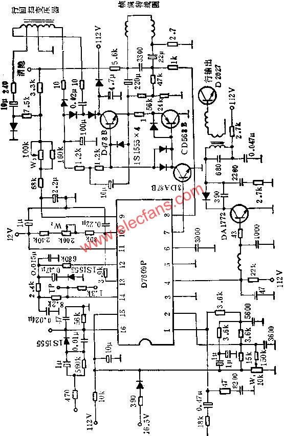 D7609P行场扫描电路的应用电路图  www、elecfans、com