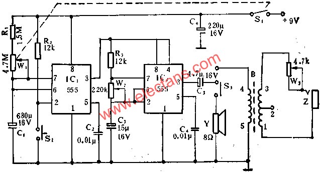 555电路组成袖珍电子定时催眠按摩器电路图  www、elecfans、com