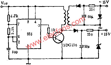 时基集成电路组成单电源变升压的双电源电路图  www、elecfans、com