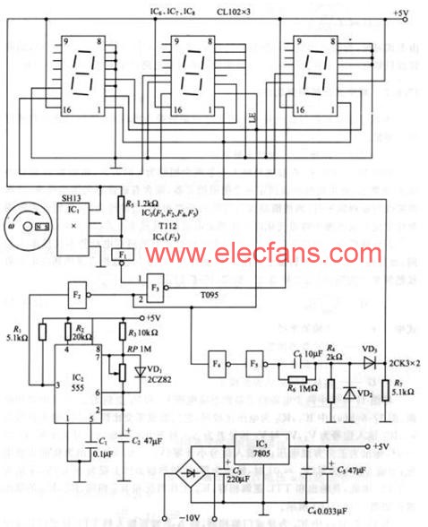 脉冲计数式数字转速仪电路 http://www、elecfans、com