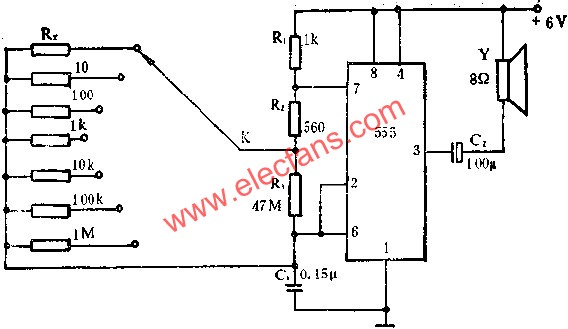 555电路组成音响电阻快速测试器电路图  www、elecfans、com