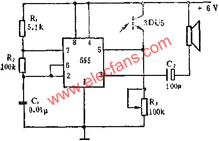 555电路组成光控变调声响器电路图  www、elecfans、com