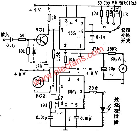 时基集成电路组成有量程开关和过量程报警的频率计电路图 www、elecfans、com