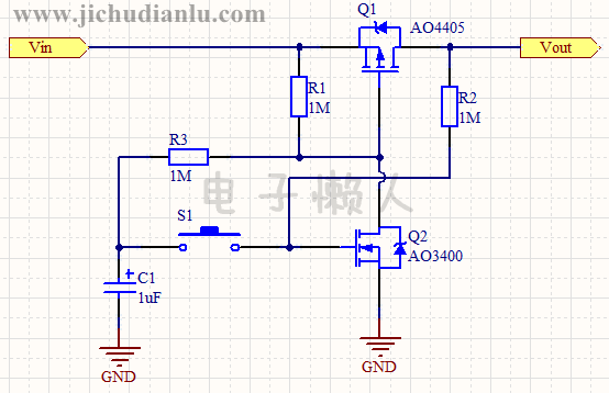 電路圖功能:本例電路與上例開關機電路功能一樣,通過按鍵s1和電容c1可