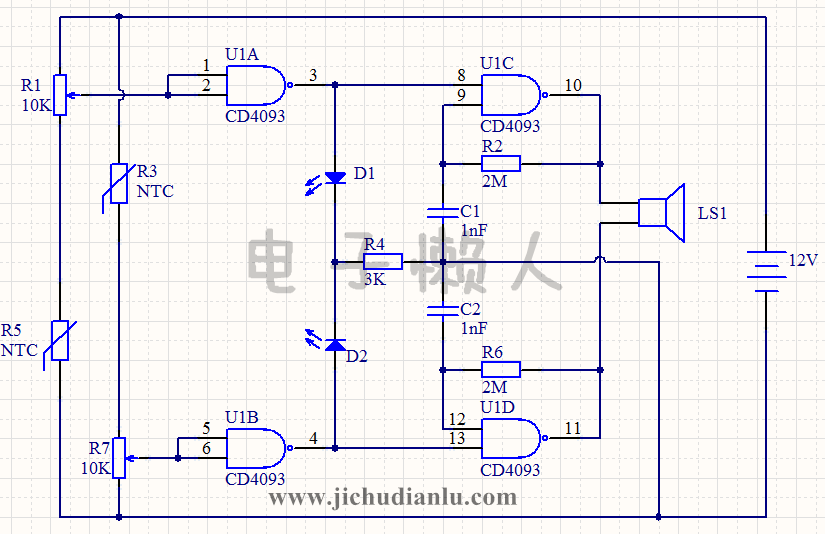 用cd4093实现的可调温度上下限声光报警器的效果图演示基础硬件电路图