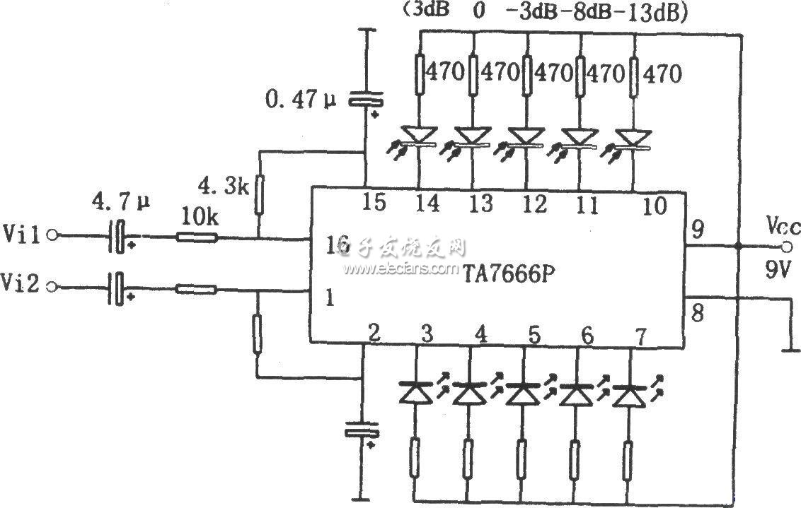 TA7666P双路五位LED电平显示驱动电路原理图