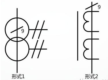 在同一个铁心具有两个次级绕组和九条穿线，一次导体的脉冲变压器或电流互感器符号图