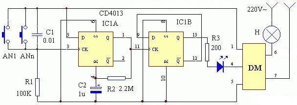 cd4013开关应用电路图汇总（电源/开关/触摸开关/防抖动/定时器）