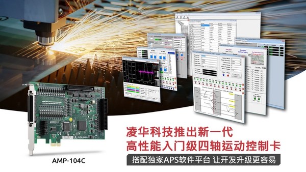 凌华科技推出新一代高性能入门级四轴运动控制卡AMP-104C，可搭配独家APS软件平台，让开发升级更容易